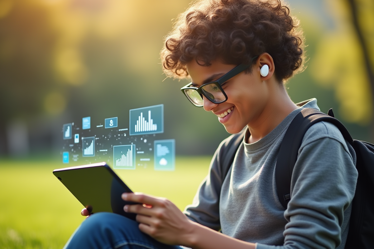 Adolescent souriant avec lunettes connectées utilisant une tablette en plein air