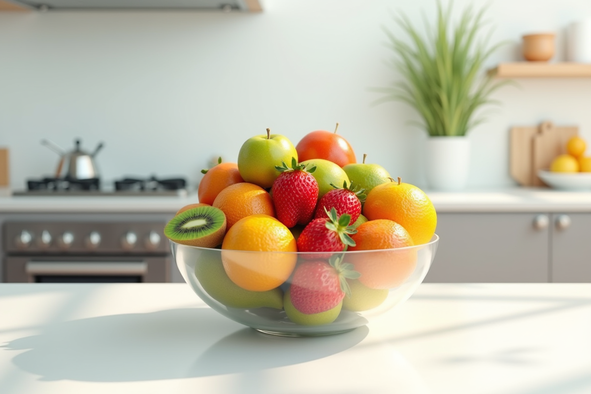 Bol rempli de fruits colorés sur plan de travail blanc lumineux