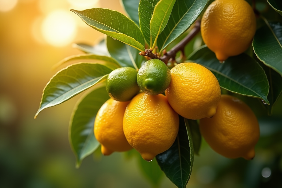 Gros plan sur branche de citron avec fruits et gouttes d