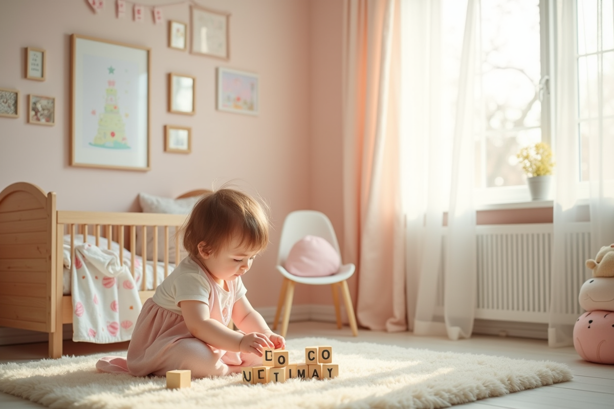 Petite fille jouant avec des blocs de lettres dans une chambre pastel lumineuse