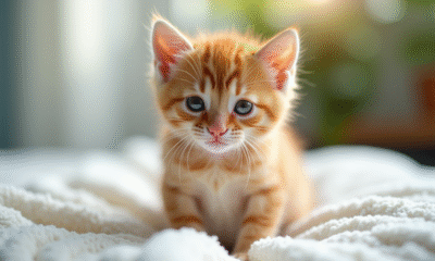 Petit chaton ginger sur une couverture blanche