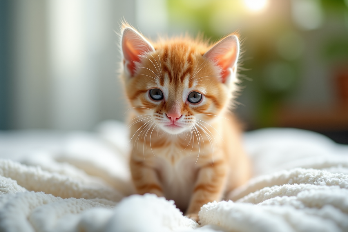 Petit chaton ginger sur une couverture blanche