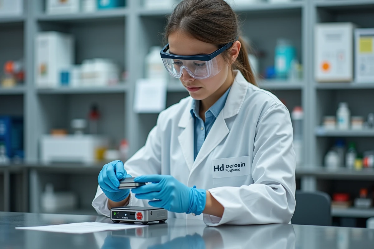 Jeune femme scientifique examinant un dispositif à hydrogène en laboratoire
