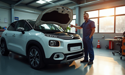 Voiture Citroën dans un garage moderne avec mécanicien souriant