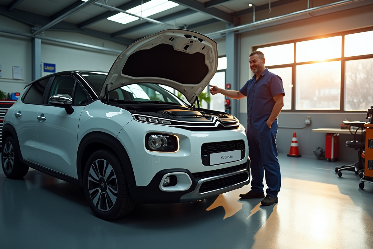 Voiture Citroën dans un garage moderne avec mécanicien souriant