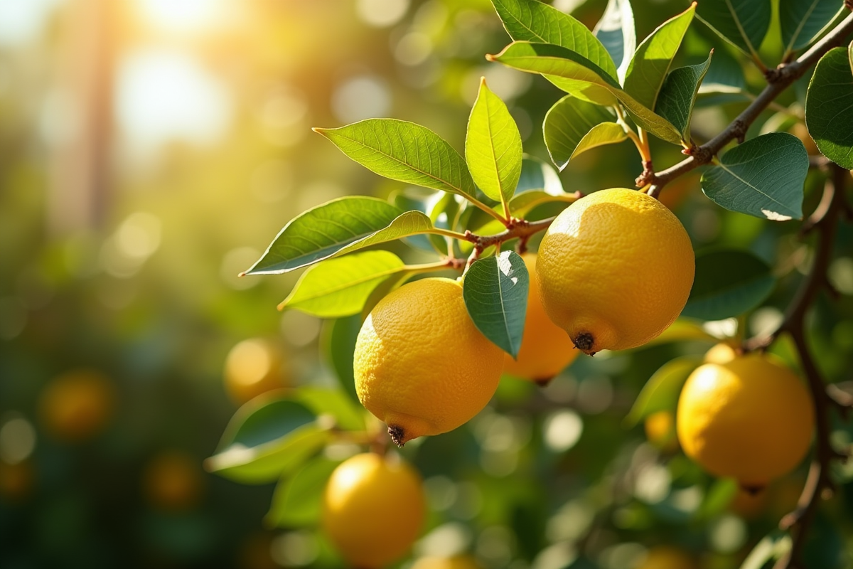 Arbre de citron en jardin méditerranéen en fleurs et fruits
