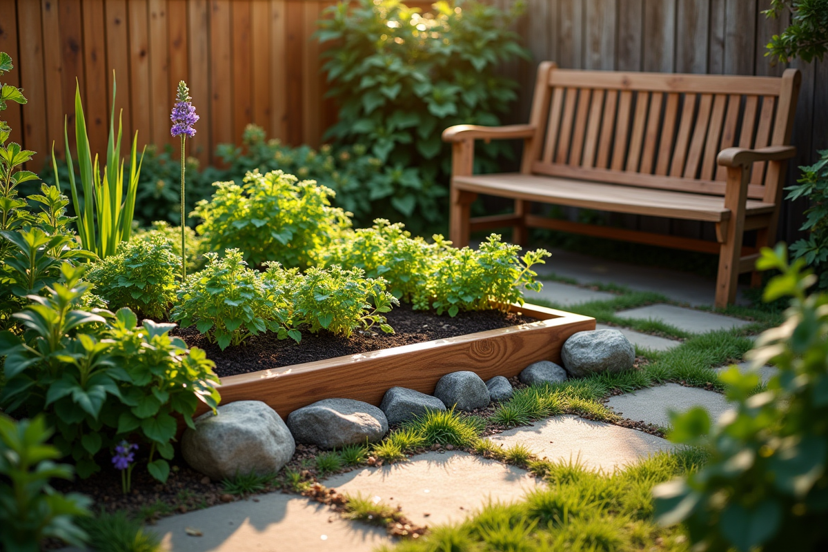Coin de jardin avec lit de légumes et banc en bois au coucher du soleil