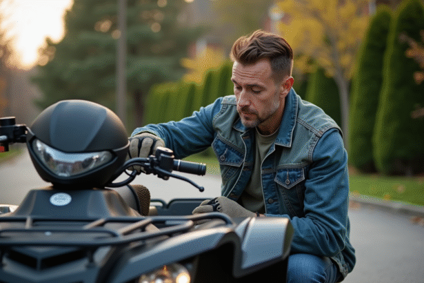 Homme vérifiant la pression des pneus d'un quad en extérieur