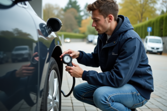 Jeune homme vérifiant la pression des pneus de sa voiture