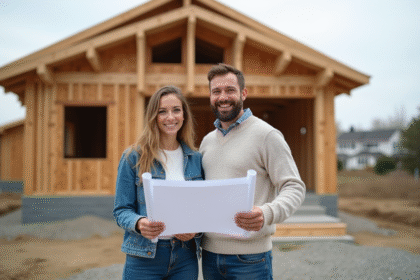 Jeune couple devant maison en construction écologique