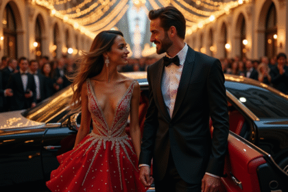 Couple élégamment habillé sortant d'une voiture de luxe devant un gala