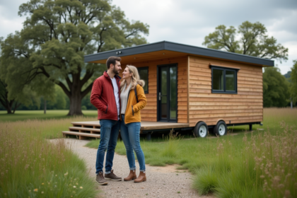 Jeune couple souriant devant une tiny house en pleine nature