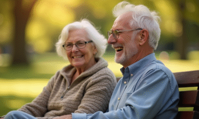Couple d'âge riant sur un banc en plein soleil