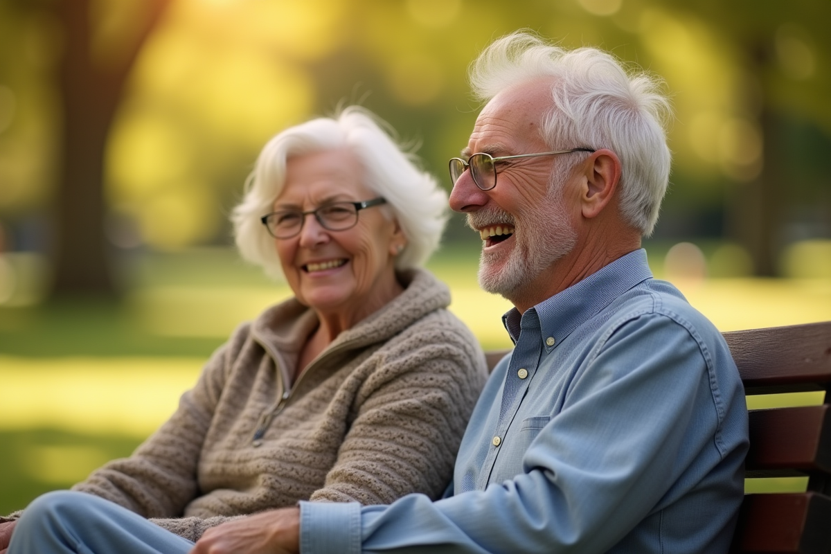 Couple d'âge riant sur un banc en plein soleil