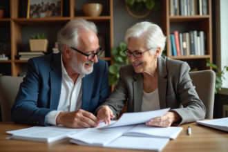 Couple senior souriant dans un bureau moderne