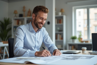 Designer homme en studio créatif en train de revoir des esquisses