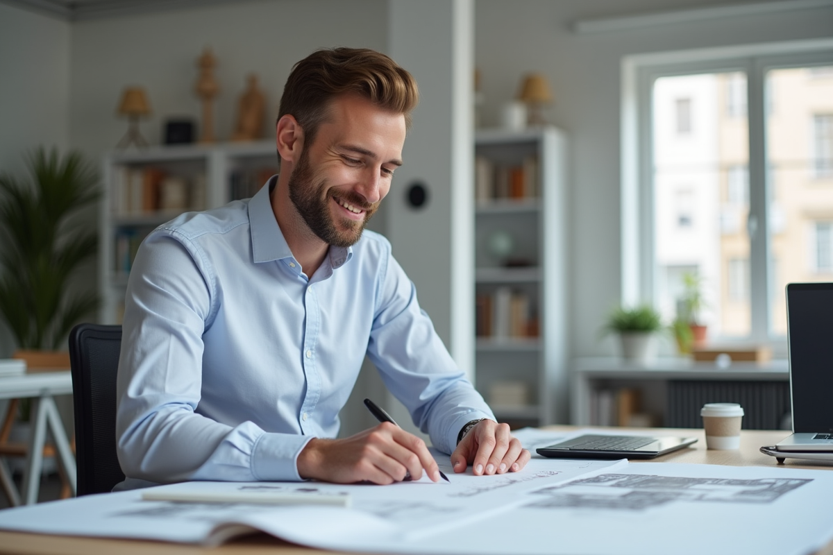 Designer homme en studio créatif en train de revoir des esquisses