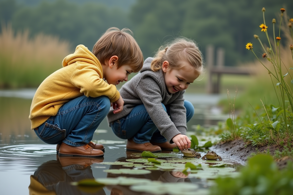 Enfants observant des grenouilles au bord de l