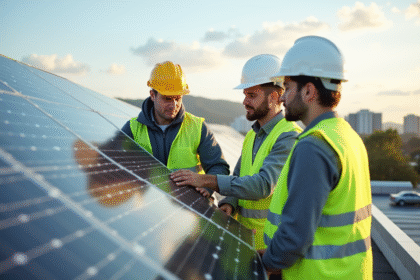 Trois ingénieurs examinent des panneaux solaires sur un toit