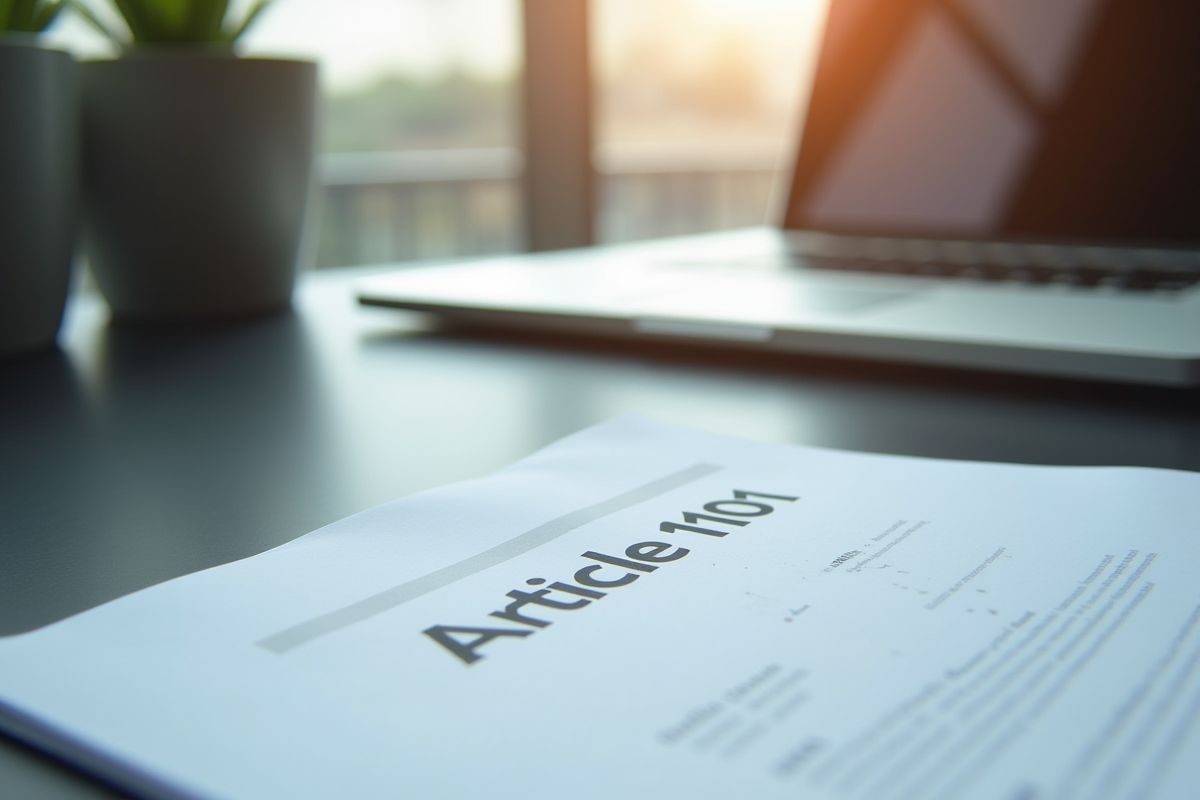 Espace de travail moderne avec document Article 1101 et ordinateur