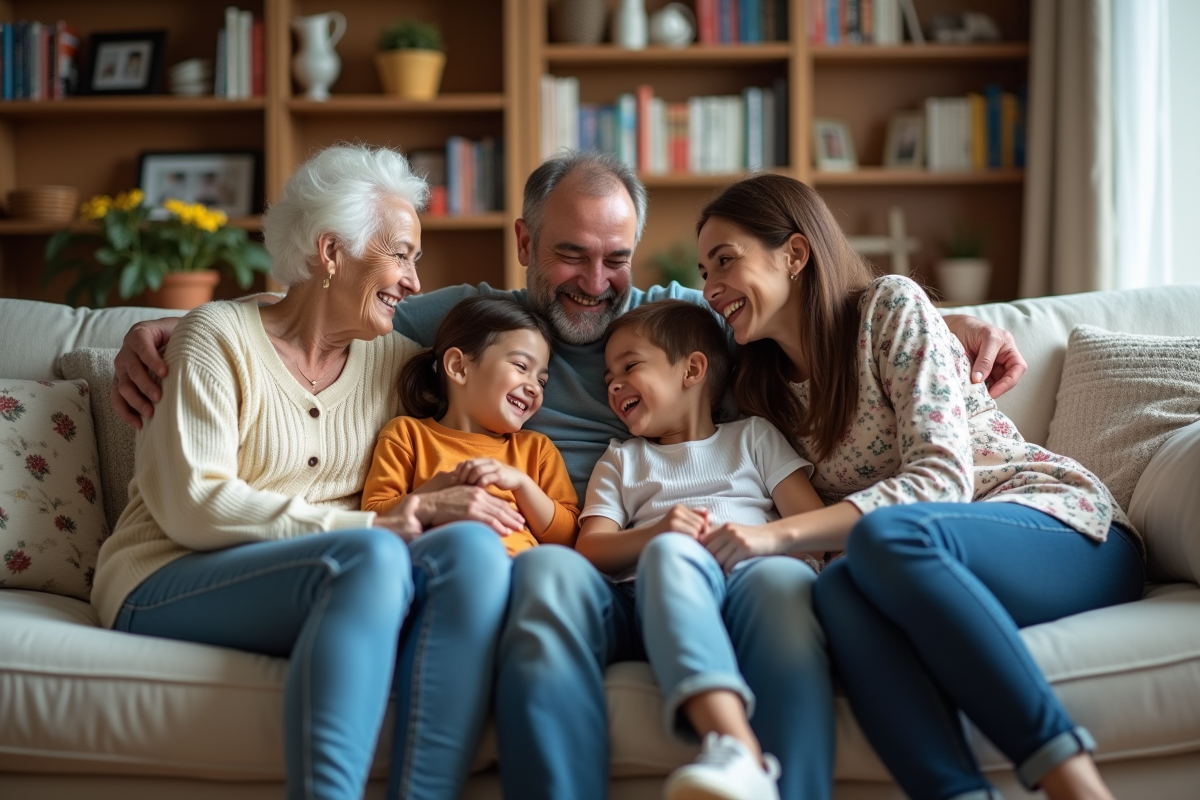 Famille multigenerations réunie dans le salon en rire