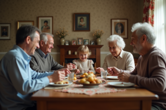 Famille de cinq autour d'une table en intérieur traditionnel