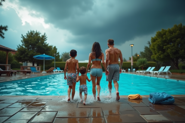 Famille sortant précipitamment de la piscine sous un ciel orageux
