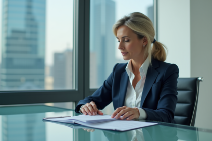 Femme d'affaires en costume regardant un rapport fiscal