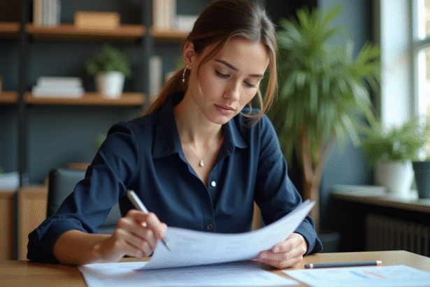 Femme concentrée analysant un document financier dans un bureau
