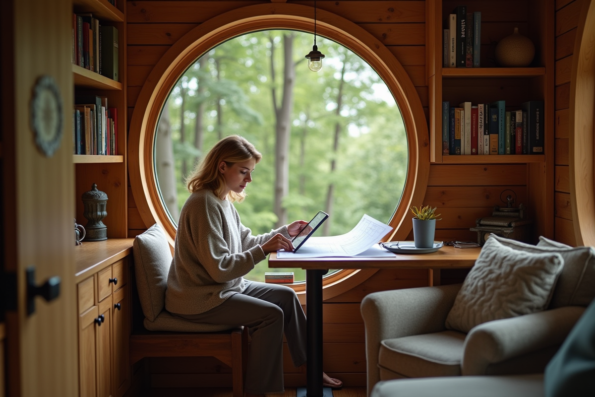 Femme dans une cabane dans les arbres avec plans architecturaux