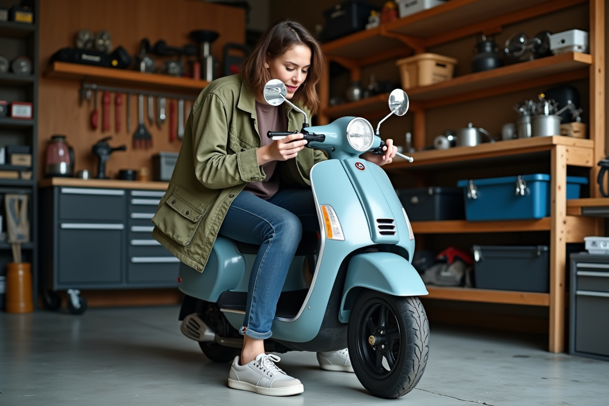 Femme attachant des miroirs personnalises sur scooter Dax