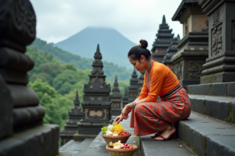 Femme balinaise en kebaya arrangeant des offrandes devant le temple