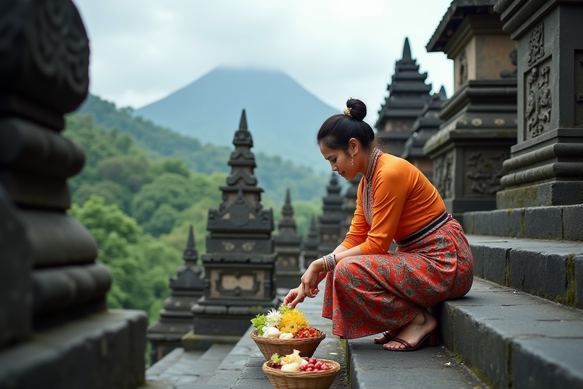 Femme balinaise en kebaya arrangeant des offrandes devant le temple