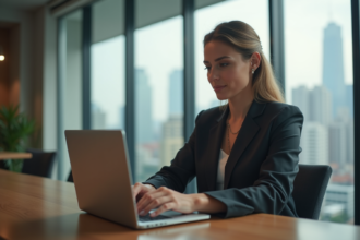 Femme confiante travaillant sur un ordinateur dans un espace moderne