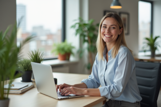 Femme souriante au bureau avec ordinateur portable