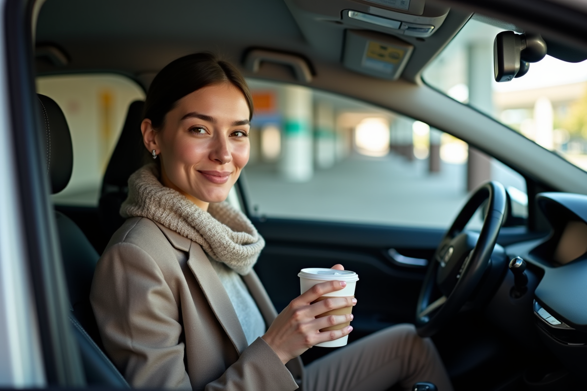 Jeune femme dans sa voiture électrique en station de recharge intérieure