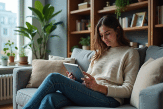 Jeune femme assise sur un canapé avec une tablette dans un salon cosy