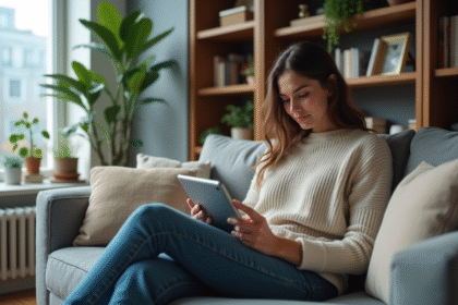 Jeune femme assise sur un canapé avec une tablette dans un salon cosy