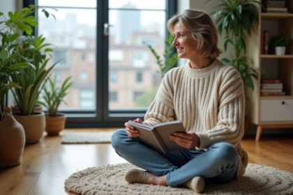 Femme assise sur le sol dans un salon cosy avec plantes et livres