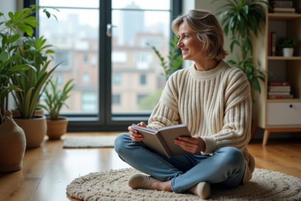 Femme assise sur le sol dans un salon cosy avec plantes et livres