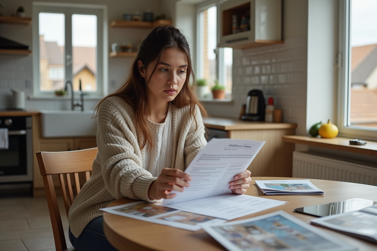 Jeune femme réfléchissant à un devis de toiture à la maison
