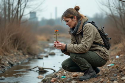 Femme contemplant une fleur fanée au bord d'une rivière polluée