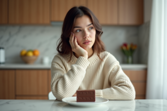 Jeune femme dégustant une glace au chocolat dans une cuisine moderne