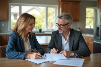 Femme d'âge moyen examinant des documents avec un agent immobilier dans une cuisine lumineuse