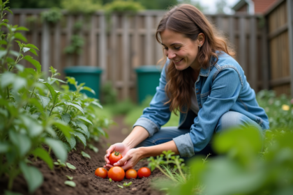 Femme dans son jardin écologique inspectant une tomate mûre