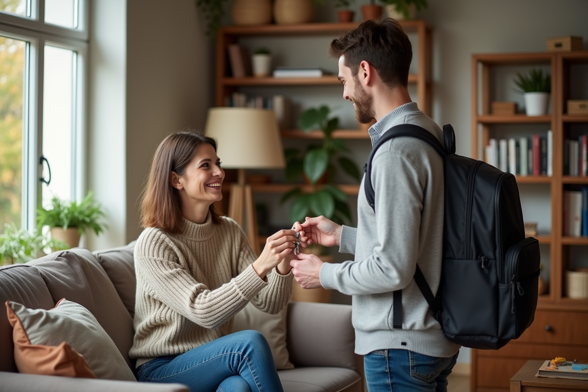 Femme donnant des clés à un homme dans un salon chaleureux