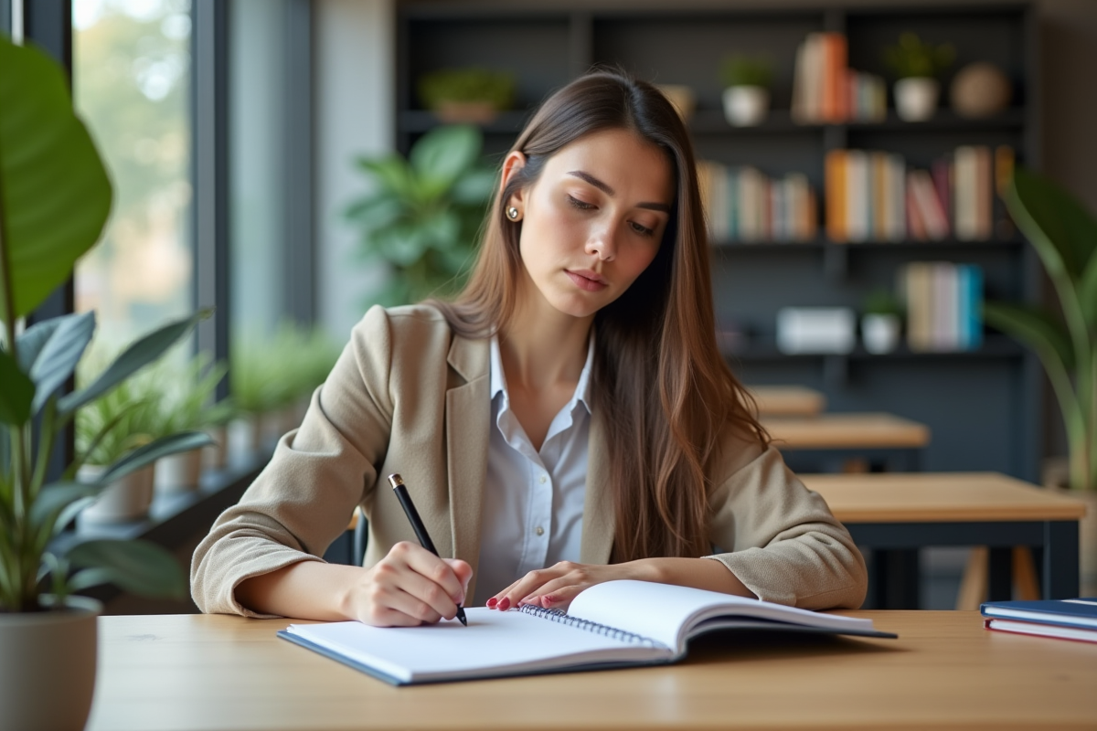 Jeune femme en bureau planifiant avec un agenda