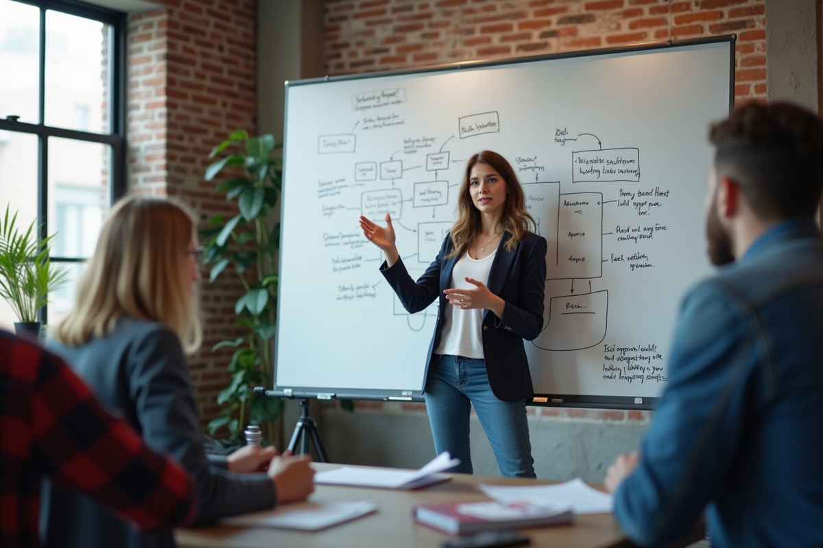 Femme confiante présentant un tableau blanc en coworking urbain