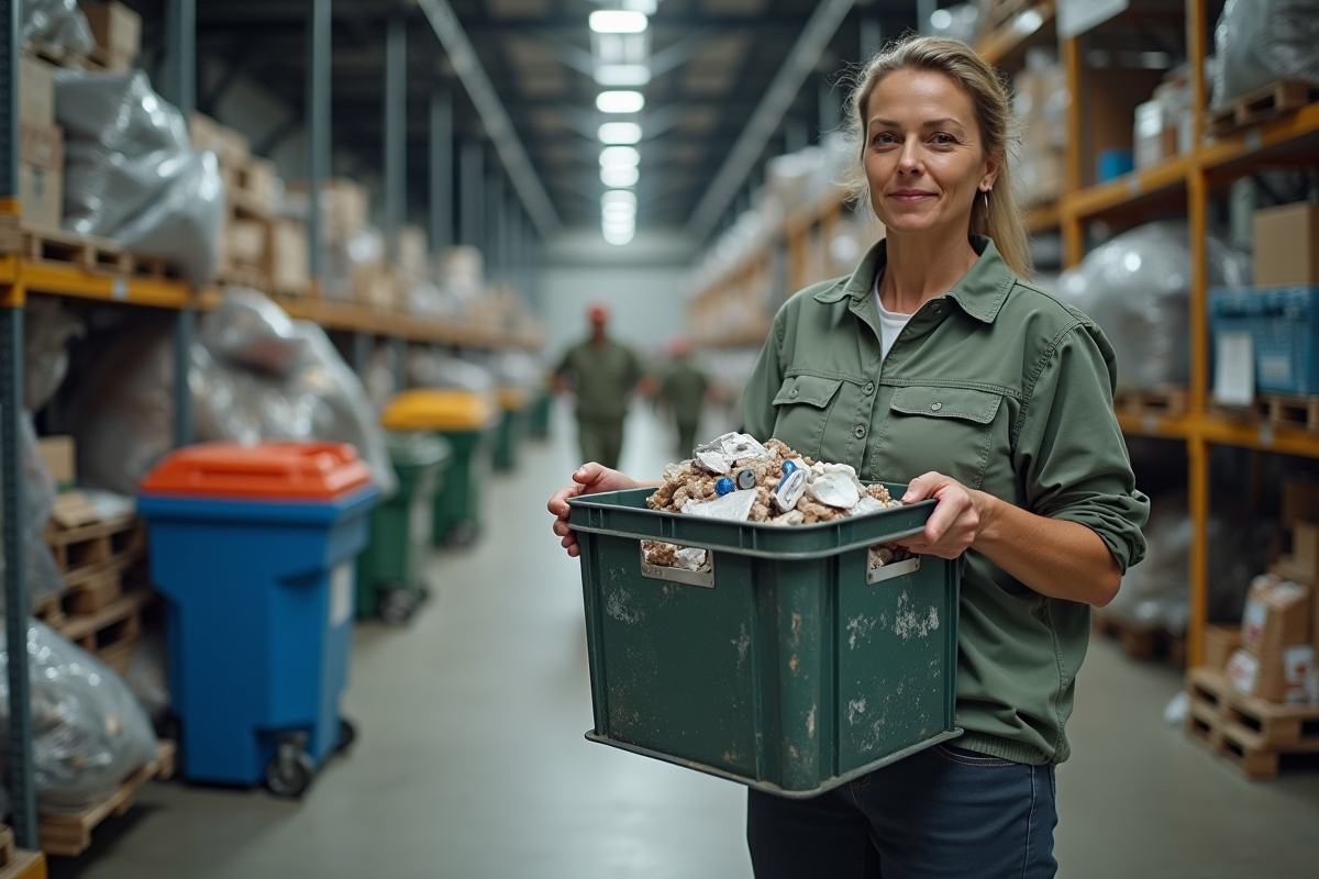 Femme en vêtements décontractés tenant une caisse de recyclables