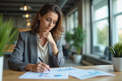 Femme concentrée en réunion dans un bureau moderne